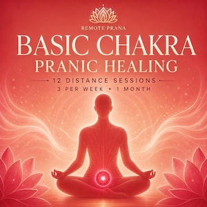 Puede incluir: Un gráfico rojo con la silueta de una persona en posición de meditación sentada con un centro brillante. El texto dice: REMOTE PRANA BASIC CHAKRA PRANIC HEALING 12 DISTANCE SESSIONS 3 PER WEEK 1 MONTH. Un icono de flor de loto aparece arriba y abajo.