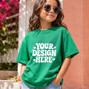 Kelly Green Bella Canvas 3001Y Youth T-Shirt Mockup, Kids Blank Tee, Lifestyle Photo, POD JPG Download