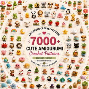 Könnte beinhalten: Eine Sammlung von über 7000 niedlichen Amigurumi-Häkelanleitungen mit einer Vielzahl kleiner, bunter Stofffiguren, darunter Tiere, Pflanzen, Lebensmittel und festliche Motive, die als digitales Paket zum sofortigen Download bereitstehen.