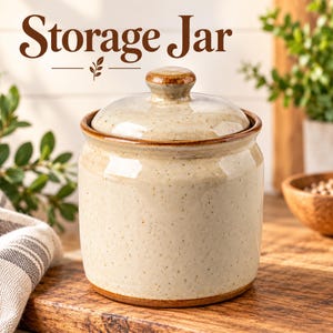 May include: A cylindrical ceramic storage jar with a speckled cream finish and a matching lid. The jar features a brown rim and a small knob handle on top. The text "Storage Jar" is printed in brown above the object with a small leaf icon.