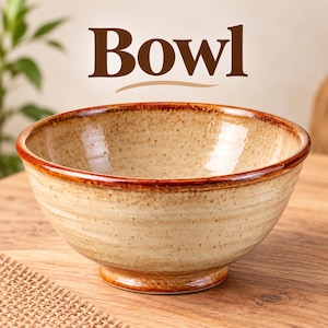 Peut inclure: Un bol en céramique avec une finition beige mouchetée et un bord brun foncé. Le mot Bowl est imprimé en grandes lettres brunes au-dessus de l'objet. Le bol présente une forme arrondie avec une ouverture évasée et une petite base circulaire.