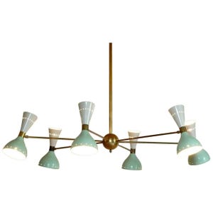 6 Arm Stilnovo Chandelier with Pirate Shades | Mid Century Modern Brass Ceiling Light | Italian Style Lighting Fixture
