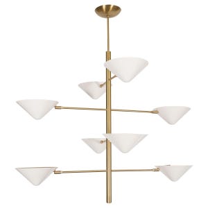 8 Arm Uplight Brass Chandelier | Stilnovo Style Mid Century Modern Ceiling Light | Conical Shade Designer Fixture