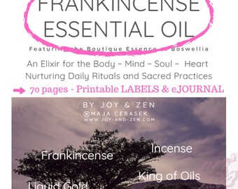 May include: A digital e-book titled Precious Recipes Frankincense Essential Oil featuring 70 pages of printable labels and an e-journal. The cover displays a tree silhouette against a cloudy sky with text including Joy & Zen and Maja Cebasek.