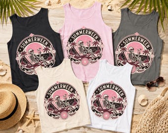 Summerween Skeleton Beach Tank Top | Retro Pink Palm Skull Design