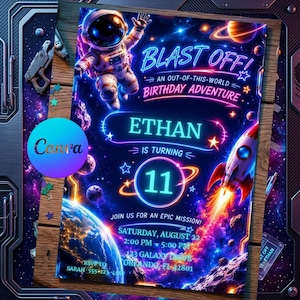 Space Birthday Invitation, Astronaut Birthday Invite, Rocket Party Invitation, Editable Canva Template, Galaxy Birthday Invite