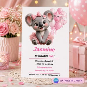 Pink Koala Birthday Invitation: Editable Australian Animal Party Card, Instant Download