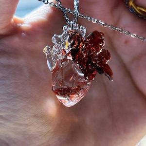 Red Glass Anatomical Heart Necklace, Resin Heart Pendant Jewelry, Gothic Romantic Statement Necklace, Unique Gift for Her