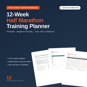 Könnte beinhalten: Ein 12-wöchiger Halbmarathon-Trainingsplaner mit 12 druckbaren Seiten. Die dunkelblaue Grafik enthält den Text "For First-Time Runners", "12-Week Half Marathon Training Planner" und "Instant Download" sowie drei weiße Dokumentenseiten.
