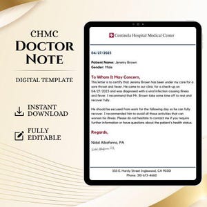 May include: A digital doctor note template for Centinela Hospital Medical Center on a tablet screen. The document includes patient details, a medical certification for a viral infection, a signature from Nidal Alkafarna, PA, and clinic contact information.