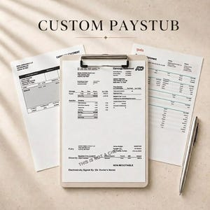 May include: A clipboard holding a document titled Earnings Statement with the text CUSTOM PAYSTUB at the top. Two additional earnings statement documents are placed underneath the clipboard, accompanied by a silver metal pen on the right side.