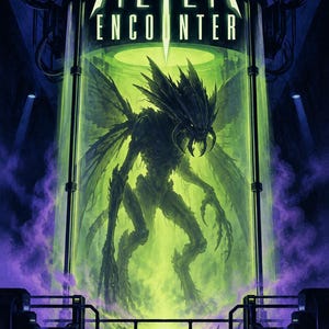 May include: A poster featuring a dark, winged creature inside a glowing green cylindrical containment chamber. The text reads ExtraTERRORestrial ALIEN ENCOUNTER at the top and THE DEMONSTRATION HAS BEGUN at the bottom in light green lettering.