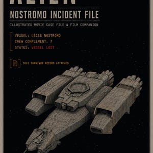 Może przedstawiać: Plakat zatytułowany ALIEN NOSTROMO INCIDENT FILE przedstawiający szczegółową ilustrację statku kosmicznego USCSS Nostromo na czarnym, gwiaździstym tle. Tekst zawiera CLASSIFIED, EYES ONLY RESTRICTED LEVEL 4 oraz status VESSEL LOST.