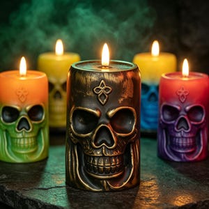 May include: A collection of five cylindrical pillar candles, each featuring a moulded skull design on the front. The central candle is black with gold highlights, while the surrounding candles are orange, yellow, blue, and purple, all lit.