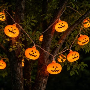 May include: A string of orange pumpkin-shaped LED lights hanging from tree branches. Each plastic pumpkin features a carved jack-o'-lantern face with triangular eyes and a jagged mouth, glowing brightly against the dark, natural outdoor background.
