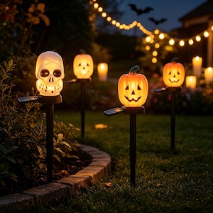Könnte beinhalten: Ein Set aus vier solarbetriebenen Gartensteckern mit beleuchteten Halloween-Motiven. Die Kollektion umfasst einen weißen Totenkopf und drei orangefarbene Kürbisse, die jeweils auf einem schwarzen Stab mit seitlichem Solarpanel montiert sind.