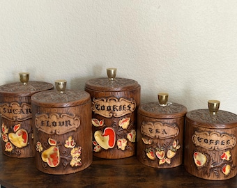 Vintage Treasure Craft Ceramic Woodgrain Red Yellow Apple Canisters
