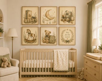 Heirloom Nursery Wall Art Set of 6 | Vintage Storybook Decor | Neutral Baby Room Digital Download | Printable Art