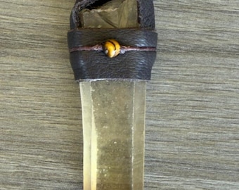 Natural Citrine Quartz Pendant/Raw unpolished crystal wrapped in Leather