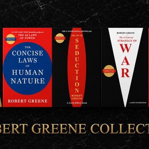 Könnte beinhalten: Eine Sammlung von fünf Büchern von Robert Greene, darunter Mastery, The Concise Laws of Human Nature, The Art of Seduction, The 33 Strategies of War und The 48 Laws of Power. Die Buchcover zeigen auffällige grafische Designs in Rot, Schwarz, Weiß und Gold.