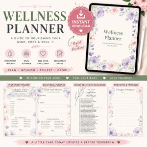 Puede incluir: Un planificador de bienestar digital con ilustraciones florales en morado y rosa. El diseño incluye secciones para un rastreador de hidratación, planificador de comidas, un reto de amor propio de 30 días y páginas de reflexión y progreso.