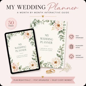 May include: A wedding planner guide featuring a tablet and a physical book, both titled MY WEDDING PLANNER A MONTH BY MONTH INTERACTIVE GUIDE. The covers display watercolour floral illustrations with pink flowers and green eucalyptus leaves.