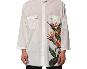 DOLCE & GABBANA Shirt White Cotton Floral Print Button Down 44/US17.5/3XL