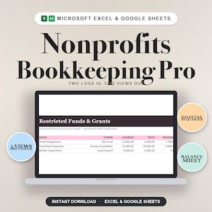 May include: A digital bookkeeping template for Microsoft Excel and Google Sheets titled Nonprofits Bookkeeping Pro. The screen displays a Restricted Funds and Grants table with columns for Grant, Funder, Awarded, Spent, and Remaining amounts.