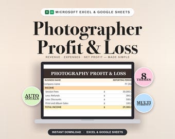 Szablon rachunku zysków i strat dla fotografa Arkusz kalkulacyjny do księgowości Rachunek zysków i strat fotografa Excel Arkusze Google Natychmiastowe pobranie
