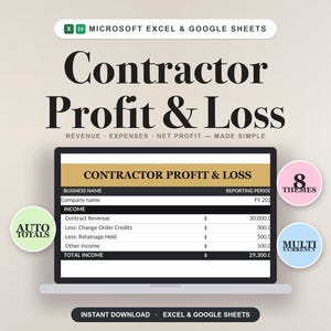 May include: A digital Contractor Profit & Loss template for Microsoft Excel and Google Sheets. The display shows a financial spreadsheet with sections for income, contract revenue, and total income. Includes labels for 8 themes, auto totals, and multi-currency.