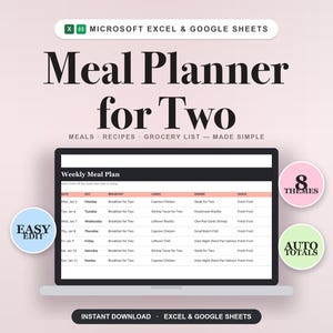 Pode incluir: Um planejador de refeições digital para Microsoft Excel e Google Sheets exibido em uma tela de laptop. A interface apresenta uma tabela de menu semanal com colunas para café da manhã, almoço, jantar e lanches, com 8 temas e totais automáticos.