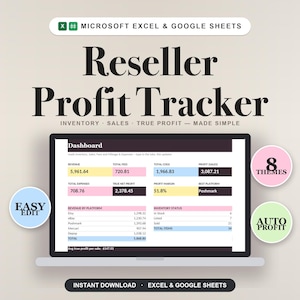 May include: A digital Reseller Profit Tracker for Microsoft Excel and Google Sheets displayed on a laptop screen. The dashboard shows revenue, fees, costs, profit, and inventory status. Circular badges highlight 8 themes, easy edit, and auto profit features.