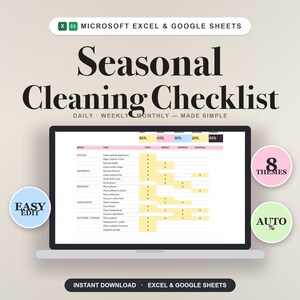 Op de afbeelding: Een digitale seizoensgebonden schoonmaakchecklist-sjabloon voor Microsoft Excel en Google Sheets weergegeven op een laptopscherm. De interface bevat een tabel met dagelijkse, wekelijkse en maandelijkse taken, naast ronde badges met de labels 8 THEMES, EASY EDIT en AUTO %.