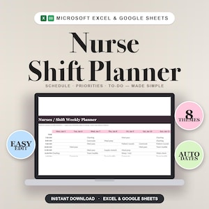 Schichtplaner für Pflegekräfte – Einfacher, bearbeitbarer Excel-Schichtplan – Überstundenverfolgung – Schichtrotation – Geschenk für Pflegekräfte (Excel & Google Sheets)