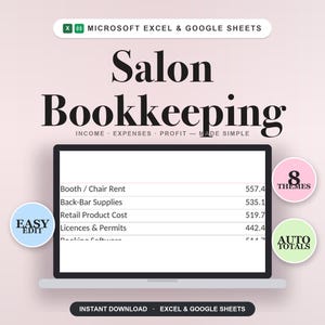 Może przedstawiać: Cyfrowy szablon księgowości dla salonów w programach Microsoft Excel i Google Sheets. Ekran laptopa przedstawia arkusz kalkulacyjny z wydatkami, takimi jak czynsz i zaopatrzenie. Zawiera odznaki dla 8 motywów, łatwą edycję i automatyczne sumy.