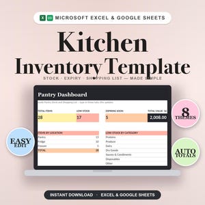Könnte beinhalten: Eine digitale Kücheninventar-Vorlage für Microsoft Excel und Google Sheets, die auf einem Laptop-Bildschirm angezeigt wird. Die Benutzeroberfläche zeigt ein Vorrats-Dashboard mit Bestands-, Ablauf- und Einkaufslistendaten. Enthält kreisförmige Abzeichen für 8 Themen, einfache Bearbeitung und automatische Summen.