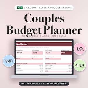 Op de afbeelding: Een digitale budgetplanner voor koppels voor Microsoft Excel en Google Sheets op een laptopscherm. Het dashboard toont financiële gegevens zoals totaal inkomen, uitgaven en spaarvoortgang. Bevat labels voor 10 thema's, eenvoudig bewerken en automatische totalen.