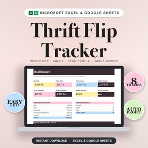 Könnte beinhalten: Eine digitale Thrift Flip Tracker Tabelle für Microsoft Excel und Google Sheets auf einem Laptop-Bildschirm. Das Dashboard zeigt Einnahmen, Gebühren, Kosten, Gewinn, Ausgaben und Lagerbestand. Enthält kreisförmige Abzeichen für 8 Designs, einfache Bearbeitung und automatische Gewinnberechnung.