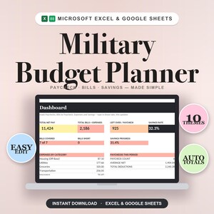 Pode incluir: Um planejador de orçamento militar digital para Microsoft Excel e Google Sheets. A interface exibe um painel com dados financeiros, incluindo salário líquido, contas, despesas e taxas de poupança. Distintivos circulares destacam 10 temas, recursos de edição fácil e totais automáticos.