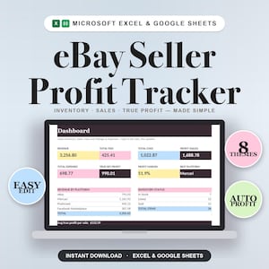 May include: A digital eBay seller profit tracker spreadsheet for Microsoft Excel and Google Sheets. The dashboard displays revenue, fees, costs, and profit metrics. Includes labels for 8 themes, easy edit, and auto profit features for inventory management.