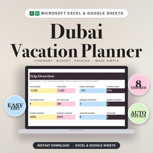 May include: A digital Dubai Vacation Planner for Microsoft Excel and Google Sheets displayed on a laptop screen. The interface shows a Trip Overview dashboard with budget, booking, and packing status trackers. Includes 8 themes, auto totals, and easy edit features.