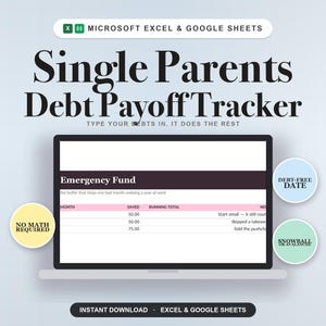 May include: A digital debt payoff tracker for Microsoft Excel and Google Sheets titled Single Parents Debt Payoff Tracker. The screen displays an Emergency Fund table with columns for month, saved, and running total. Includes circular badges.