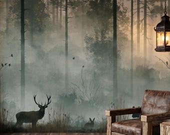Misty Forest Landscape Wall Mural, Rustic Wildlife Pine Tree Decor, Foggy Woodland Nature Wallpaper, Cabin Living Room Accent Mural