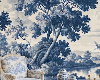 Blue Toile Landscape Wallpaper Mural Vintage French Country Decor, Traditional Bedroom Wall Art, Chinoiserie Style Removable Wallpaper