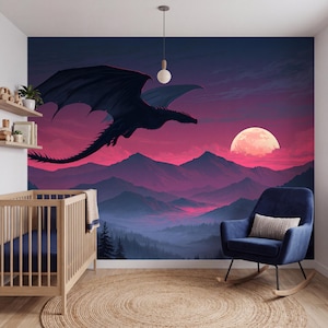 May include: A wall mural featuring a large black dragon flying over a mountain range at sunset. The sky is a gradient of deep purple and vibrant pink with a large, pale moon. Below the mountains, a dark forest is visible in the valley.