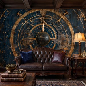 Celestial Vintage Map Mural, Antique Gold Astrological Wallpaper, Dark Academia Decor