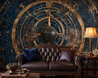 Celestial Vintage Map Mural, Antique Gold Astrological Wallpaper, Dark Academia Decor