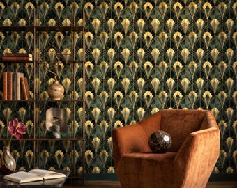 Art Deco Emerald Gold Geometric Wallpaper, Gatsby Inspired Luxury Wall Mural