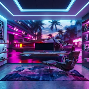 May include: A home office setup featuring a floating wooden desk with a computer monitor, a lounge chair with an ottoman, and a geometric area rug. The wall displays a large mural of a sports car on a neon-lit street with palm trees at sunset.