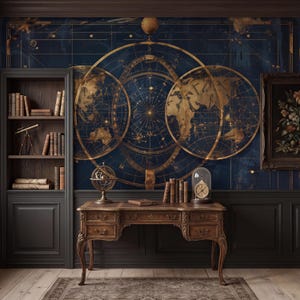 May include: A dark wood desk with four drawers sits before a wall mural featuring gold celestial maps and world globes on a deep blue background. A brass armillary sphere, a small stack of books, and a compass in a glass dome rest on the desk.